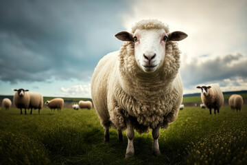 Fototapeta premium Sheep graze the pastures in mountain. Herd of sheep and lambs grazing grass on cloudy day. AI Generation
