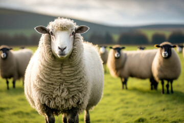 Sheep graze the pastures in mountain. Herd of sheep and lambs grazing grass on cloudy day. AI Generation