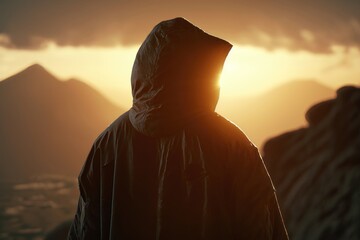 Creative background, Silhouette of business man with a raincoat, Businessman on the background of a beautiful, golden sunset. AI Generation