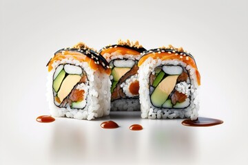 Creative layout made of sushi on white background. Food concept. AI generation