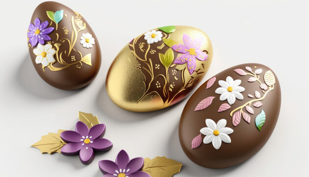 Festive decorated chocolate easter eggs in grass on white background, Generative AI image	