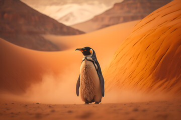 Illustration of a penguin walking through a deep desert. Generative AI.