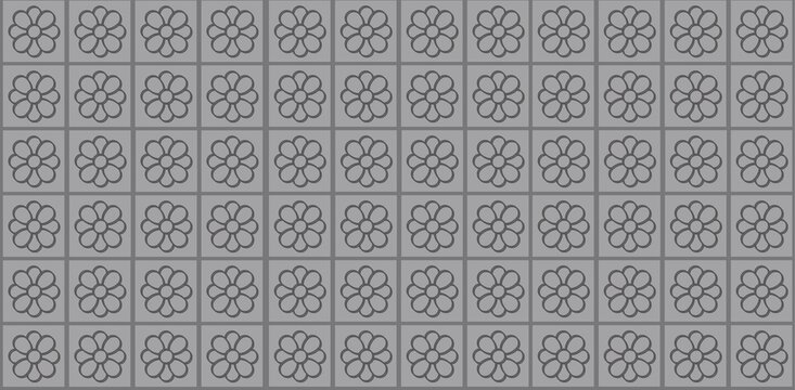 Fondo abstracto con patron geometrico de formas cuadradas y adornos con forma de flor, en diferentes tonos de gris