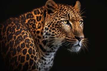 Panthera pardus is a beautiful leopard portrait on a black background. Generative AI
