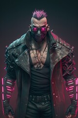 AI generated illustration of a cyberpunk style tough guy wearing a studded leather jacket