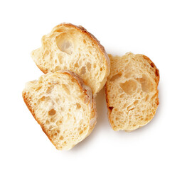 Pieces of fresh baguette isolated on white background