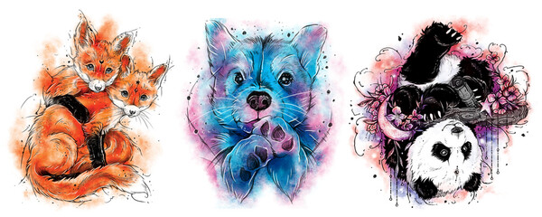 A set of cute animals stylized for watercolor painting. A cute little puppy, cuddling foxes and a panada hanging from a tree. Colorful illustration