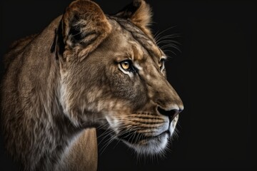 Fototapeta premium On a black background, there is a picture of a lioness. Very pretty lioness. Close up of a lioness in Africa (Panthera leo). Generative AI