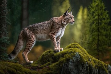 Obraz premium Lynx, a wild cat from Eurasia, walking on mossy green stone with a green forest in the background. Germany is home to a beautiful animal in its natural habitat. Generative AI