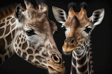 Mom and Baby Giraffe Face on a Black Background. Generative AI