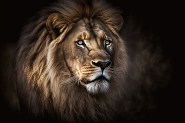 Obraz na płótnie Canvas Lion in the Dark, Portrait of a Beautiful Lion. Generative AI