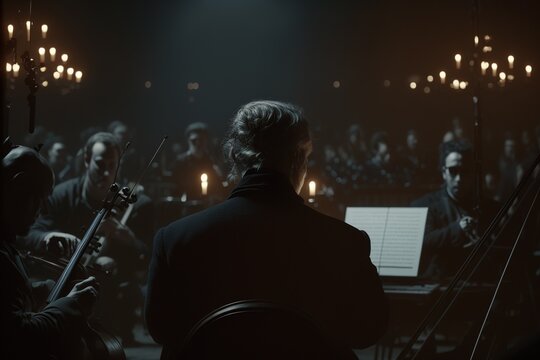 Orchestra Conductor, From Behind, During A Classical Concert. Ai Generated.