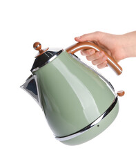 Woman with electric kettle on white background