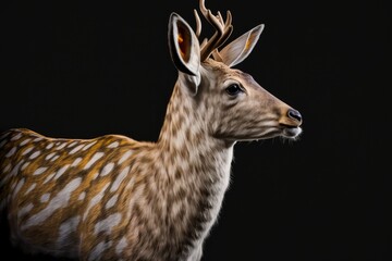 Naklejka na ściany i meble Male fallow deer seen from the side up close (Dama dama). Wild animal looking to the right, isolated on a black background with copy space. Generative AI