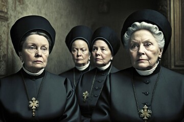 Obraz premium Group of religious women, nuns, serious and stern looking at camera. Ai generated.
