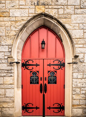 Southminster Presbyterian Church in Mt Lebanon, Pennsylvania, with its red door with metal...