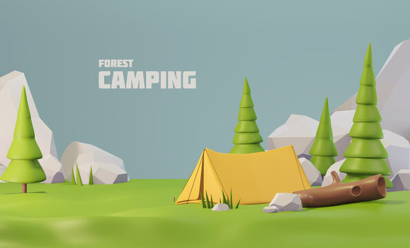 Tourist tent on a green meadow. Summer camping. 3d illustration of camping. Outdoor activities. Tent and fire camp
