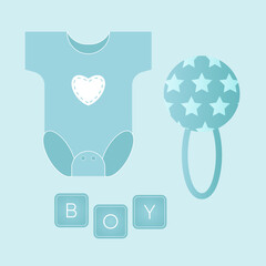 Baby shower banner with dress, rattle and text Boy on blue background. It s a boy.