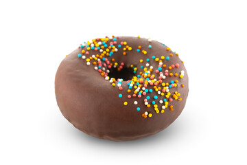 Chocolate donut decorated with sprinkles isolated on transparent background, PNG. Bakery, doughnut, treat, sweet food
