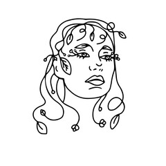 Art  line drawing of a woman's face with flowers. Portrait of a beautiful girl.