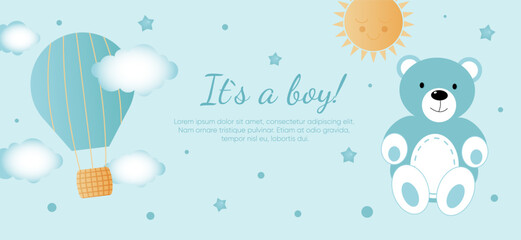 Baby shower horizontal banner with blue bear, clouds, stars, sun and balloon on blue background. It s a boy.