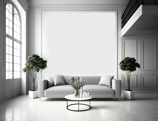 mock up di interno bianco con divano lussuoso, grande  quadro vuoto alla parete ideale per inserimento immagine 3d render , creata con intelligenza artificiale - obrazy, fototapety, plakaty