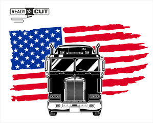  Classic american semi truck. Isolated vehicle with USA flag on white background. Front view. Ready for printing and cutting (Cricut, Silhouette, Cameo). 
