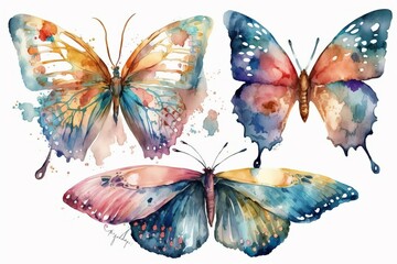 Watercolor colorful butterflies isolated on white background made with Generative AI