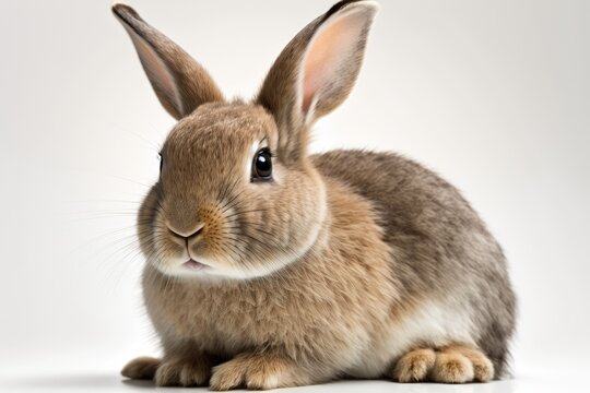 On a white background, a rabbit looks at the camera. Generative AI