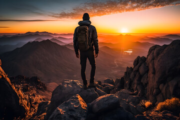 An alpinist on top of a high mountain watching the sunset. Generative AI.