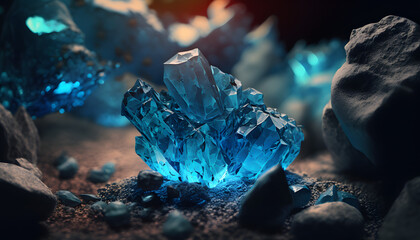 Fototapeta premium Blue glowing crystals in dark created with Generative AI technology