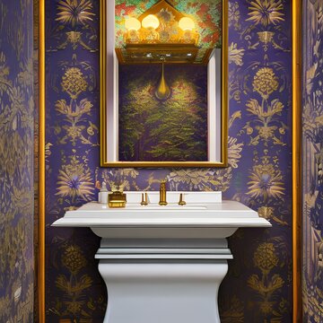 A Powder Room With A Pedestal Sink And Customized Wallpaper 1_SwinIRGenerative AI