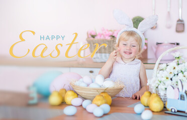 Text Happy Easter. Easter at home. little girl with bunny ears. Kid hunts for Easter egg near basket with painted eggs