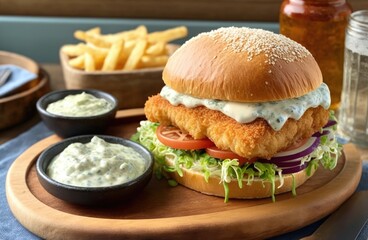Fototapeta na wymiar delicious fish burger with a golden, crispy panko-breaded fish fillet, lettuce, tomato, and red onion, topped with a generous dollop of creamy homemade tartar sauce. Generative AI