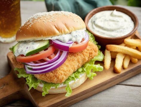 delicious fish burger with a golden, crispy panko-breaded fish fillet, lettuce, tomato, and red onion, topped with a generous dollop of creamy homemade tartar sauce. Generative AI