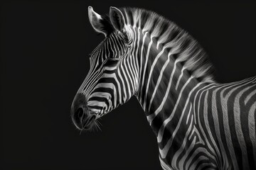 Fototapeta na wymiar One zebra on a black background, seen from the side. Black and white art photography, striped animal pattern, african wild nature monochrome wallpaper, copy space. Generative AI
