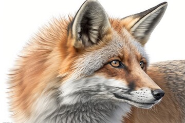 Fototapeta premium American red fox (Vulpes vulpes) close up cropped detailed portrait on a white background, side view. Generative AI illustration.
