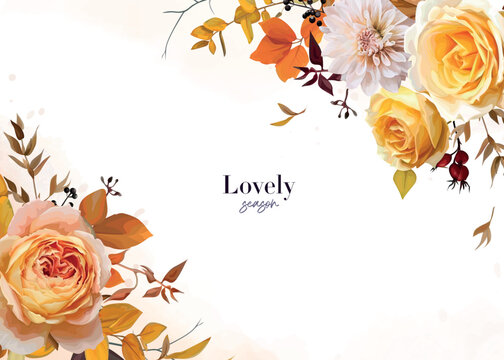 Elegant, floral autumn card design. Vector fall watercolor yellow peach orange rose flowers, cream dahlia, burgundy red eucalyptus leaves branches bouquet frame, border illustration. Editable template
