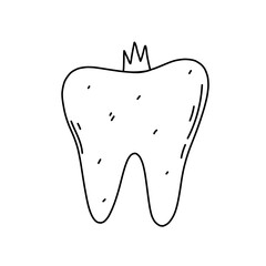 Cute tooth with a crown. Hand drawn doodle vector illustration isolated on white background. Concept of dental care.