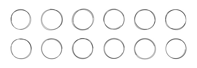 Set of hand drawn circle frame. Round line sketch collection isolated on white background. Circular shapes in doodle for message note mark design element. Vector illustration