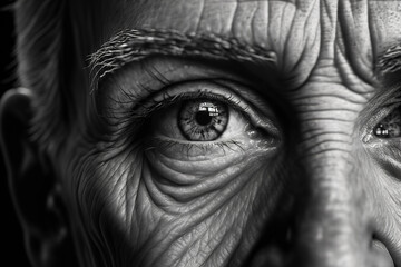 Obraz premium Portrait of an elderly man, grandpa smiling with a large close-up of his face, in black and white. Generative ai