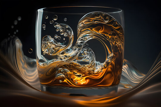 Whiskey with ice cubes on black background. 3d illustration. Generative AI technology.