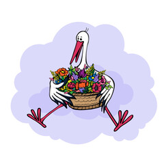Сute cartoon stork with basket of spring flowers sits on cloud. For postcards for holiday of newborn, birthday, Easter, congratulations on mother's day or March 8