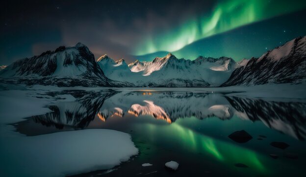 Night landscape of northern lights above snow-capped mountains and frozen lake. Geneartive AI.