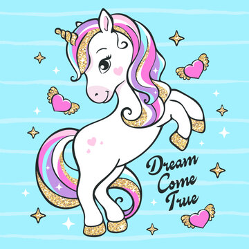Glitter unicorn. Art fashion illustration drawing in modern style for clothes. Art. Illustration Sequins. Print for clothes and t-shirts. Vector illustration. Vector print.