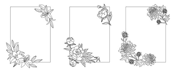 Frame with flowers. Flowers branch isolated on a white background. Set of three rectangle frame with flowers. Line art.