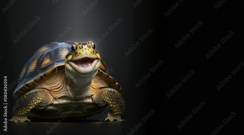 Wall mural portrait of a happy smiling turtle, photo studio set up with key light, isolated with black backgrou