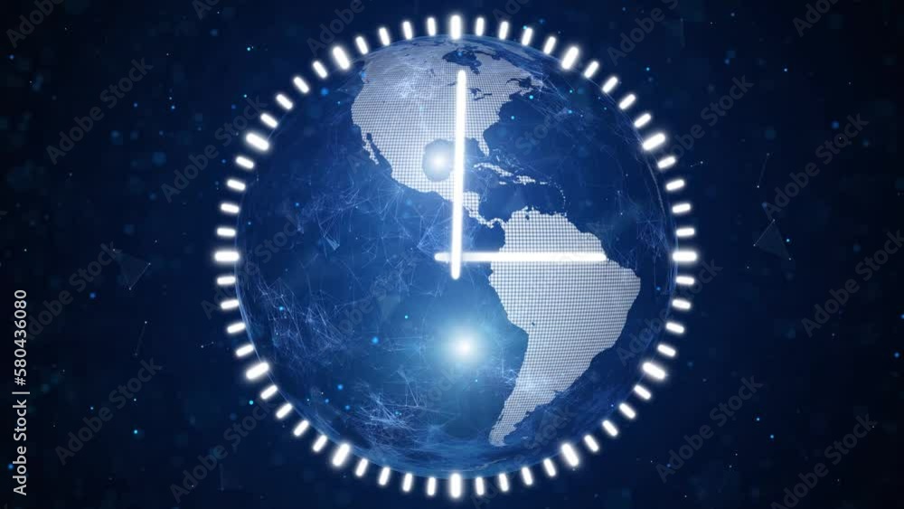 Poster digital earth globe with looped analog time clock animation