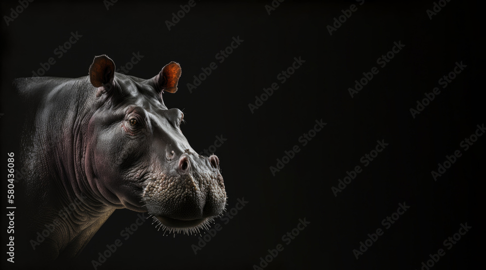 Wall mural portrait of a hippopotamus photo studio set up with key light, isolated hippo with black background 