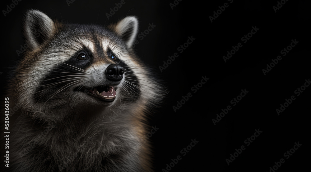 Wall mural portrait of a happy raccoon, photo studio set up with key light, isolated with black background and 